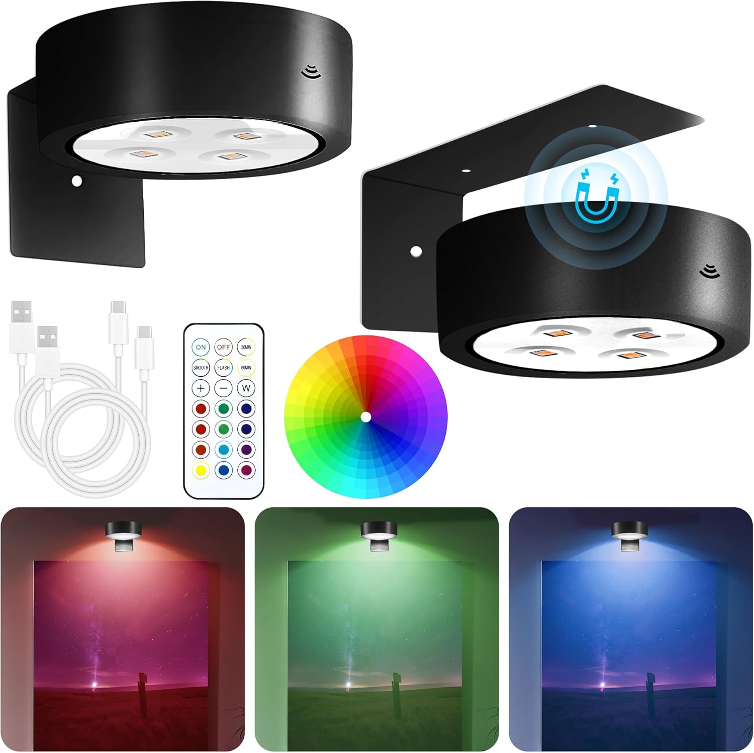 Rechargeable Battery Picture Light, Led Painting Light with Remote Control Dimmable and Timer, 3 Lighting Modes Magnetic Art Display Light for Paintings, Wireless Wall Decor Puck Light, Pack of 2 - Grand Goldman