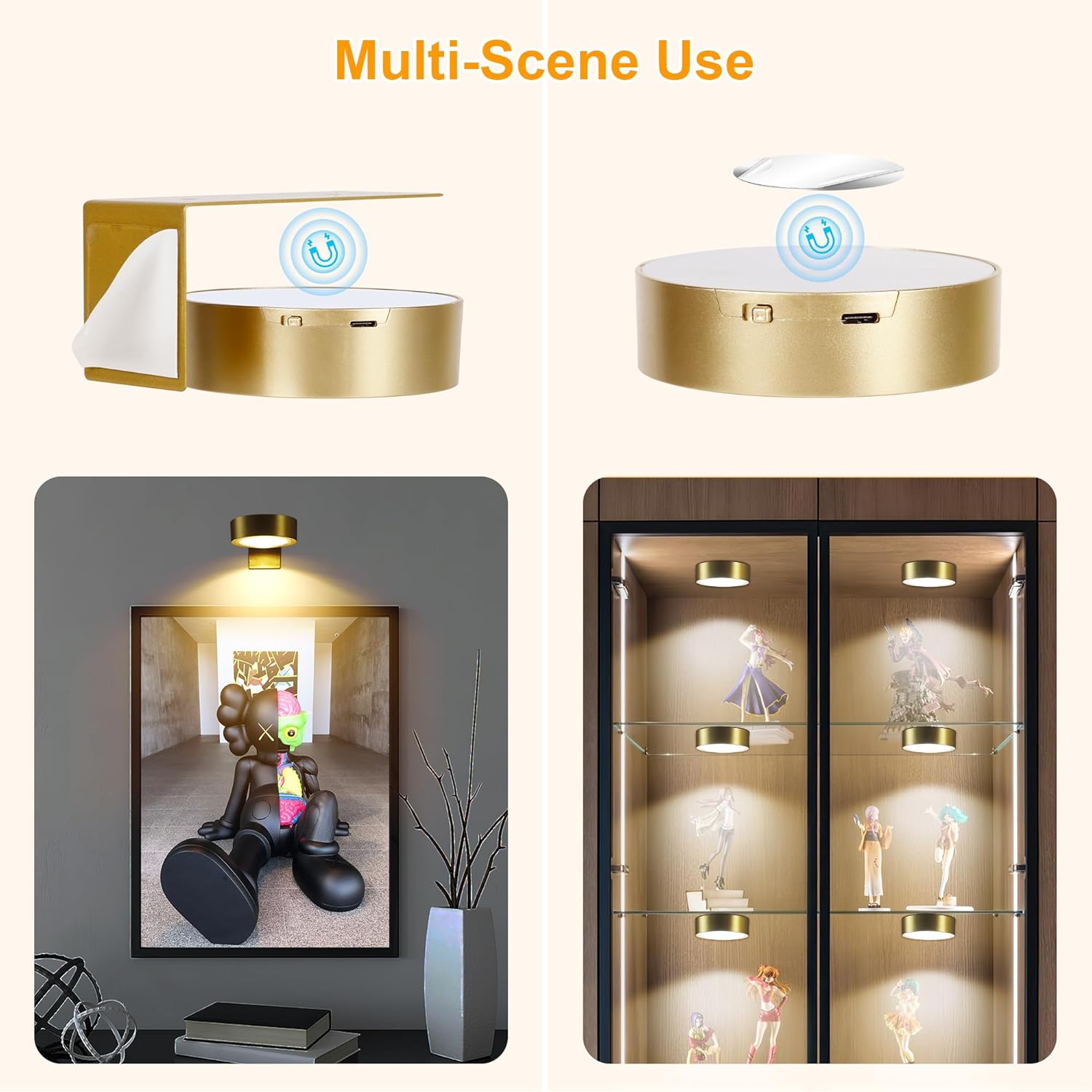 Rechargeable Battery Picture Light, Led Painting Light with Remote Control Dimmable and Timer, 3 Lighting Modes Magnetic Art Display Light for Paintings, Wireless Wall Decor Puck Light, Pack of 2 - Grand Goldman