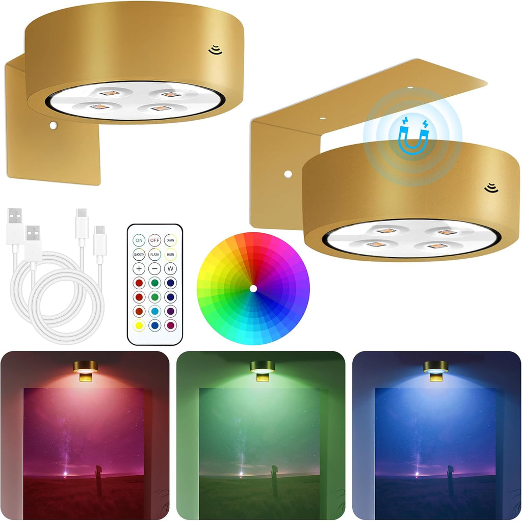 Rechargeable Battery Picture Light, Led Painting Light with Remote Control Dimmable and Timer, 3 Lighting Modes Magnetic Art Display Light for Paintings, Wireless Wall Decor Puck Light, Pack of 2 - Grand Goldman