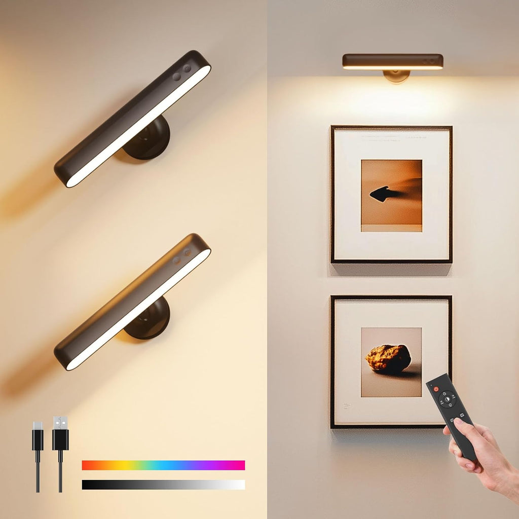 Rechargeable Wall Sconces LED Wall Lights with 7500mAh Battery Lamp for Bedroom, Touch and Remote Control, 3 Colors Wall Light 360° Rotate Dimmable Brightness with 15 RGB Colors - Grand Goldman