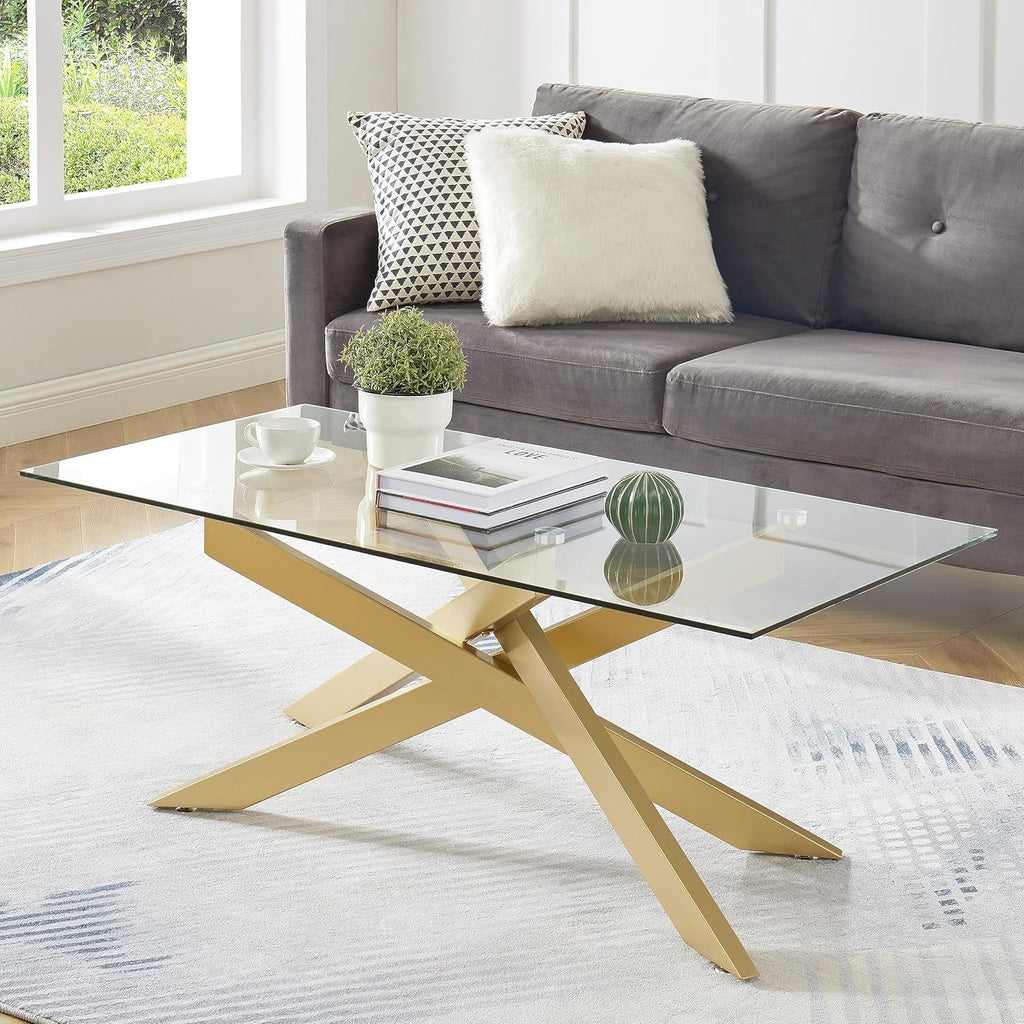 Rectangle Modern Coffee Table, Tempered Glass Top and Metal Tubular Leg, 47.3”Lx23.6”Wx18.1”H, Silver - Grand Goldman