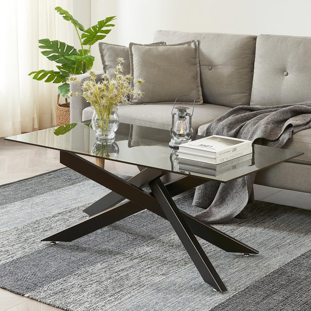 Rectangle Modern Coffee Table, Tempered Glass Top and Metal Tubular Leg, 47.3”Lx23.6”Wx18.1”H, Silver - Grand Goldman