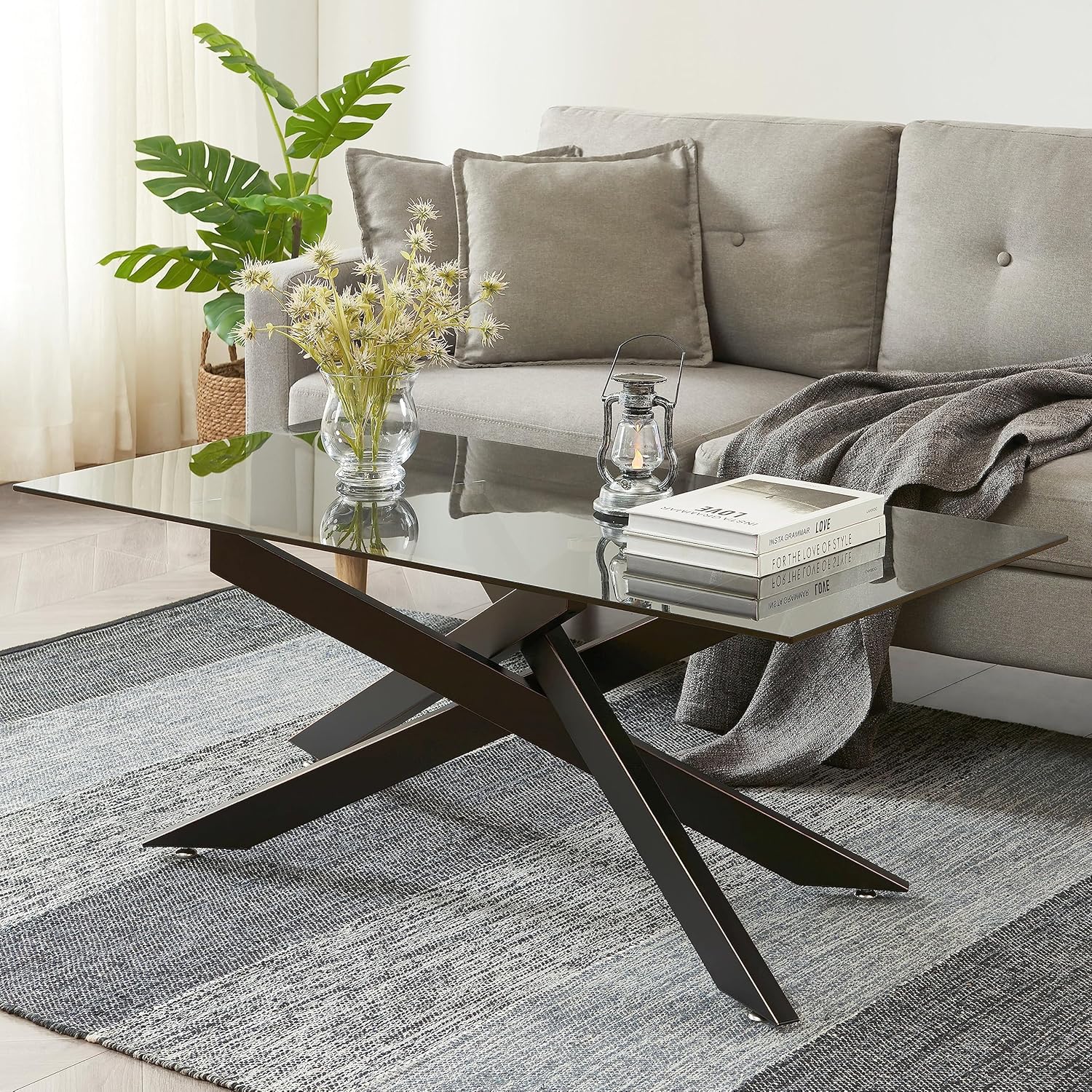 Rectangle Modern Coffee Table, Tempered Glass Top and Metal Tubular Leg, 47.3”Lx23.6”Wx18.1”H, Silver - Grand Goldman