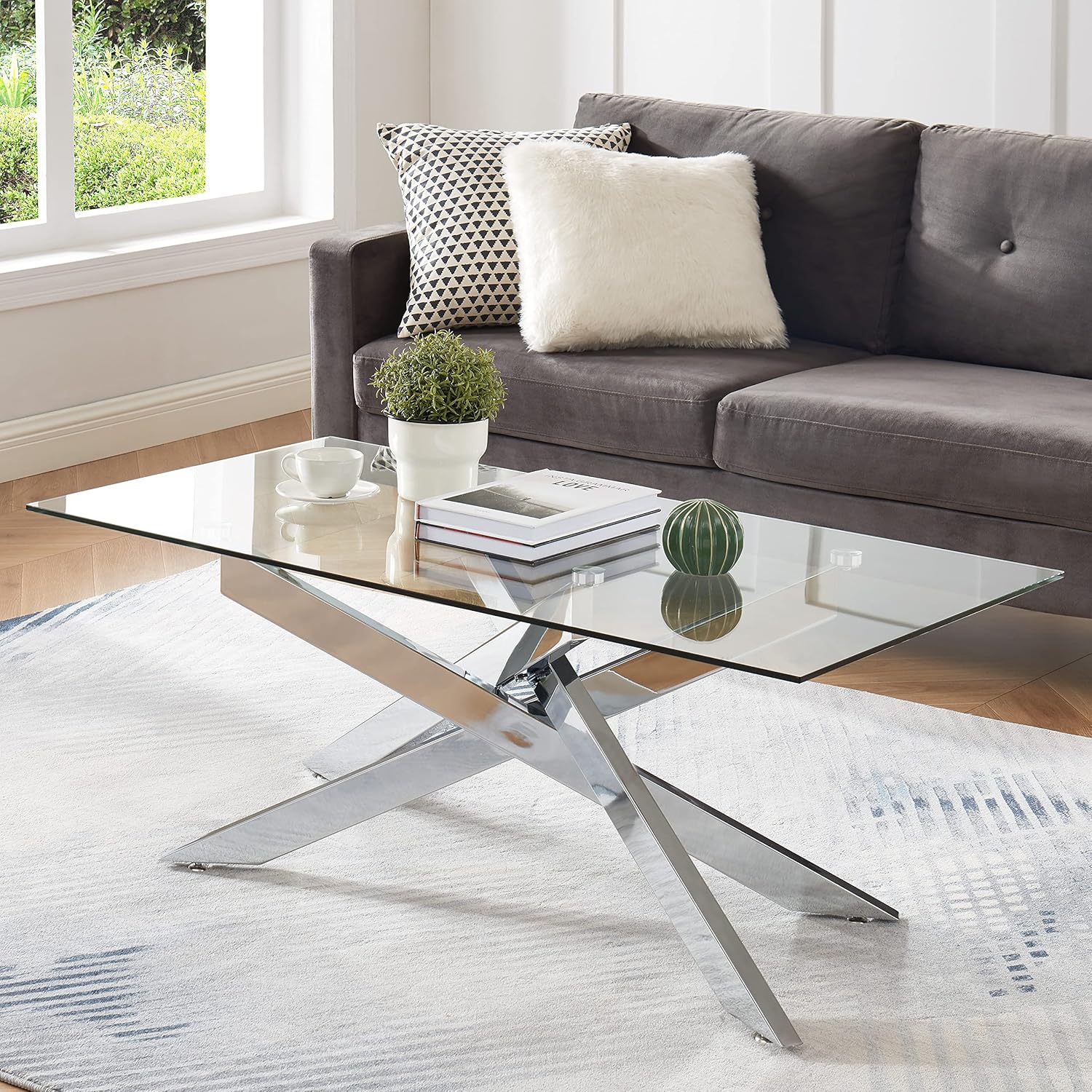 Rectangle Modern Coffee Table, Tempered Glass Top and Metal Tubular Leg, 47.3”Lx23.6”Wx18.1”H, Silver - Grand Goldman