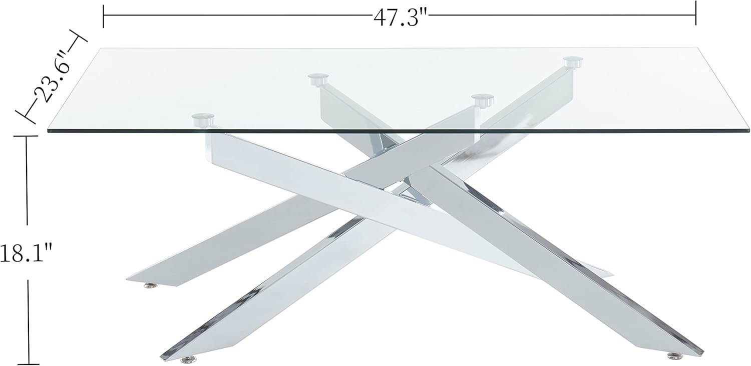 Rectangle Modern Coffee Table, Tempered Glass Top and Metal Tubular Leg, 47.3”Lx23.6”Wx18.1”H, Silver - Grand Goldman
