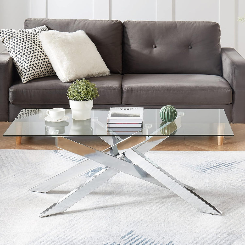 Rectangle Modern Coffee Table, Tempered Glass Top and Metal Tubular Leg, 47.3”Lx23.6”Wx18.1”H, Silver - Grand Goldman