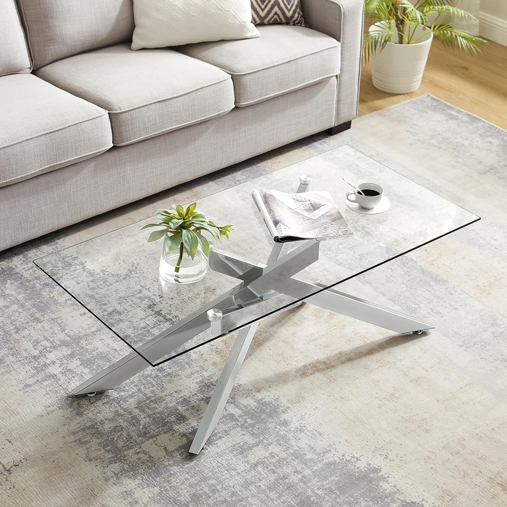 Rectangle Modern Coffee Table, Tempered Glass Top and Metal Tubular Leg, 47.3”Lx23.6”Wx18.1”H, Silver - Grand Goldman