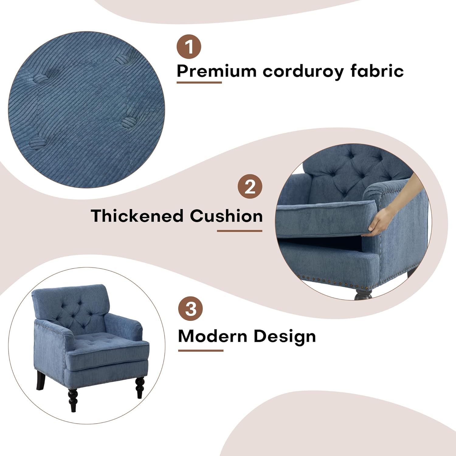 Redlife Beige Accent Chair, Mid Century Modern Accent Chair for Living Room, Button Tufted Living Room Chairs Comfy Chairs Fabric Reading Chair for Bedroom, Living Room (1, Blue) - Grand Goldman