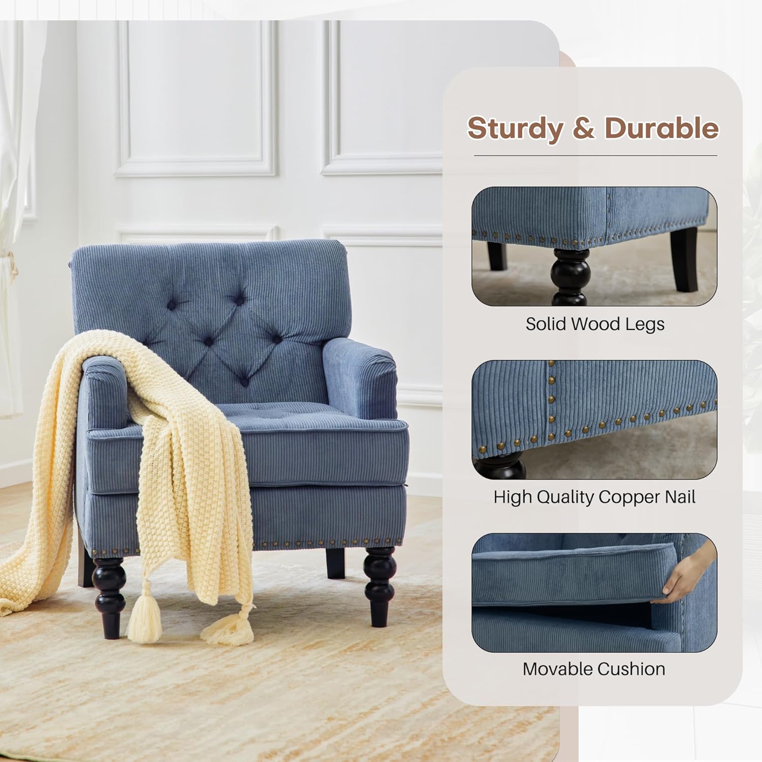 Redlife Beige Accent Chair, Mid Century Modern Accent Chair for Living Room, Button Tufted Living Room Chairs Comfy Chairs Fabric Reading Chair for Bedroom, Living Room (1, Blue) - Grand Goldman