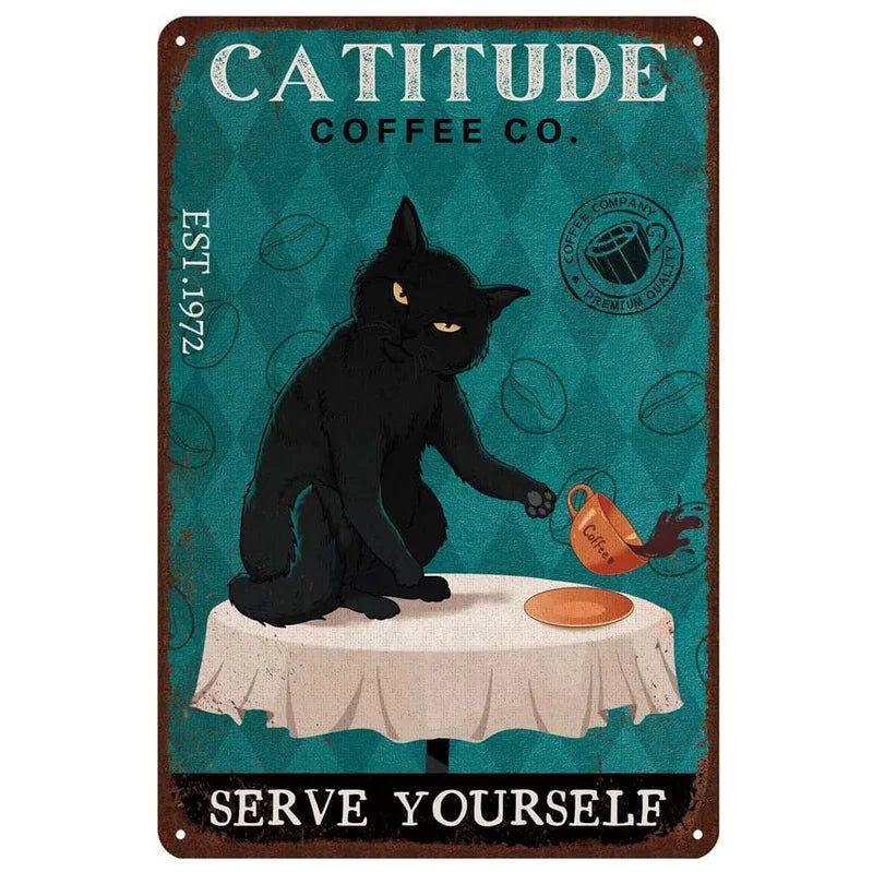 Retro Cat Coffee Metal Tin Sign Vintage Kitchen Signs Wall Decor Because Murder Is Wrong Funny Signs Bar Decorations Art Poster - Grand Goldman