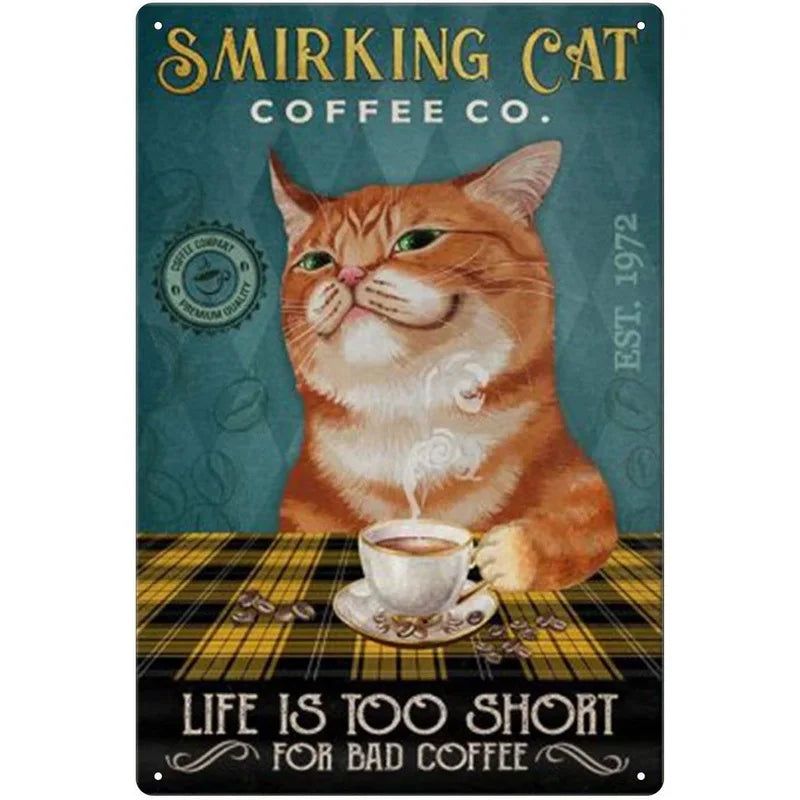 Retro Cat Coffee Metal Tin Sign Vintage Kitchen Signs Wall Decor Because Murder Is Wrong Funny Signs Bar Decorations Art Poster - Grand Goldman