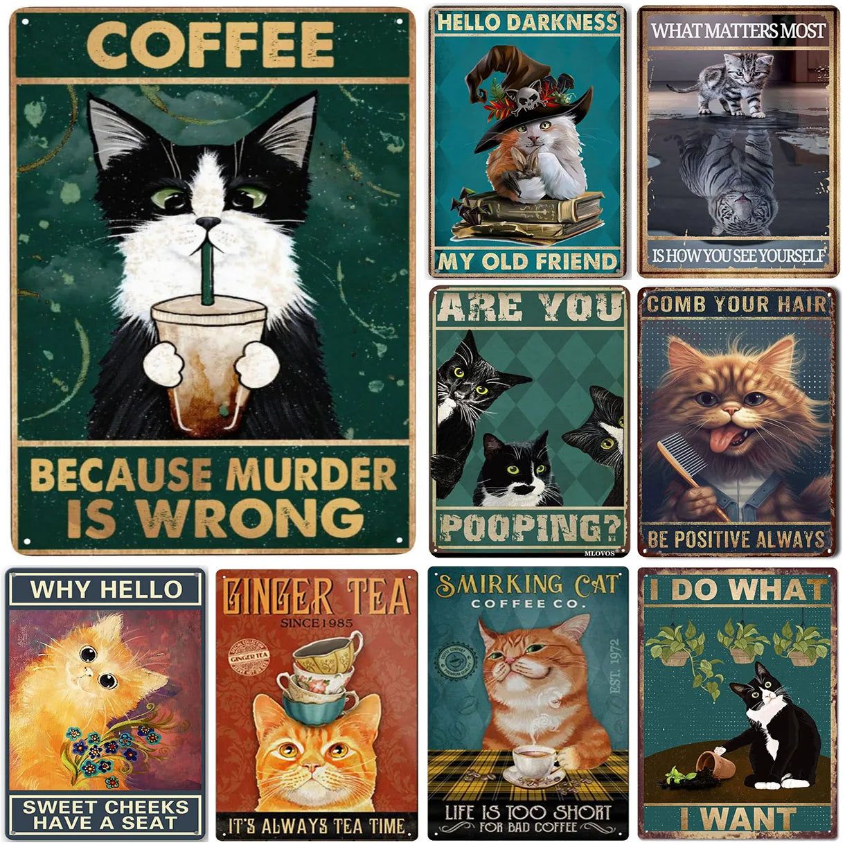 Retro Cat Coffee Metal Tin Sign Vintage Kitchen Signs Wall Decor Because Murder Is Wrong Funny Signs Bar Decorations Art Poster - Grand Goldman