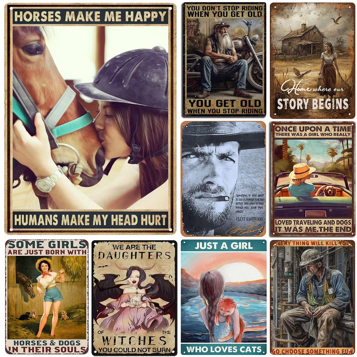 Retro Horse Make Me Happy Metal Tin Signs Vintage Posters for Garage Game Room Bar Man Cave Cafe Office Home Wall Decor Gift - Grand Goldman