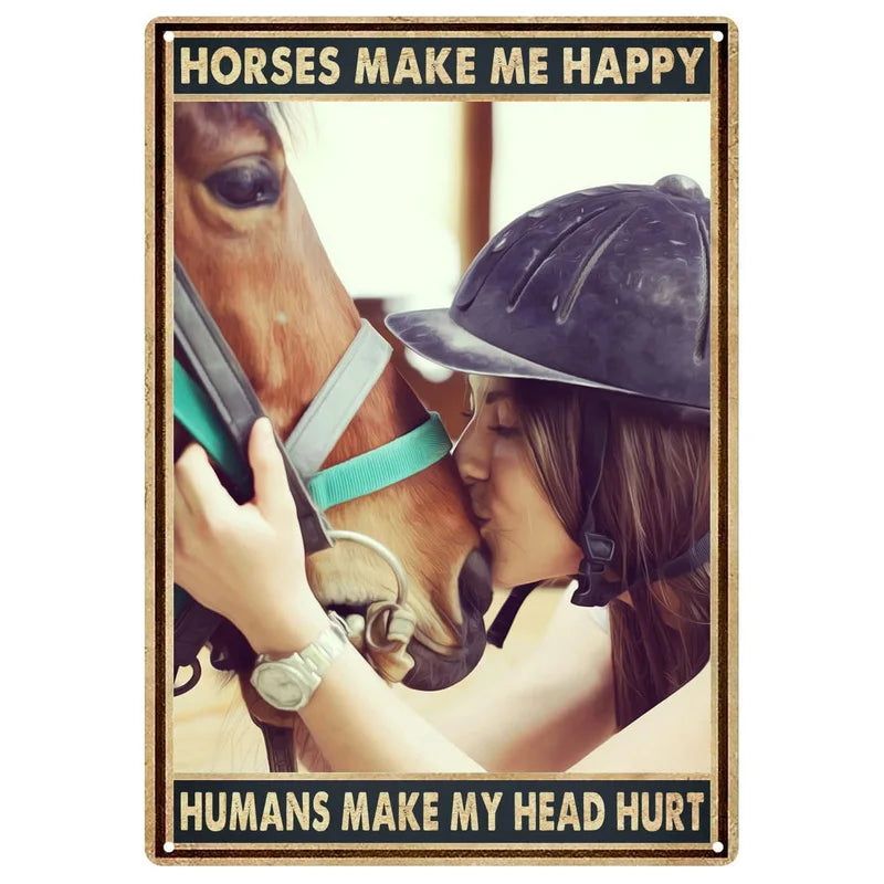 Retro Horse Make Me Happy Metal Tin Signs Vintage Posters for Garage Game Room Bar Man Cave Cafe Office Home Wall Decor Gift - Grand Goldman