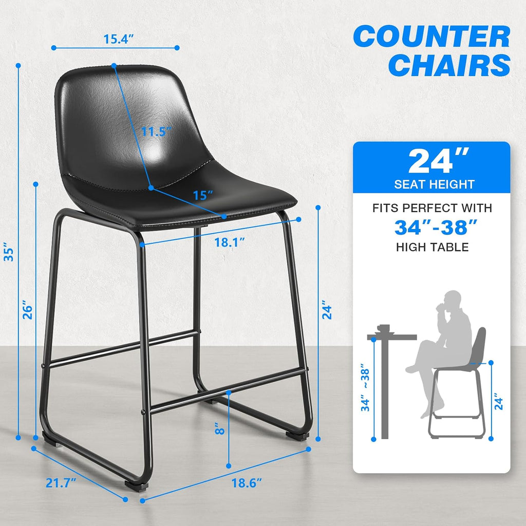 Rfiver Pu Faux Leather Bar Stools Set of 2, Industrial Pub Barstools with Back and Footrest, Modern Armless Bar Height Stool Chairs (Black, 24" Counter Chair x2) - Grand Goldman