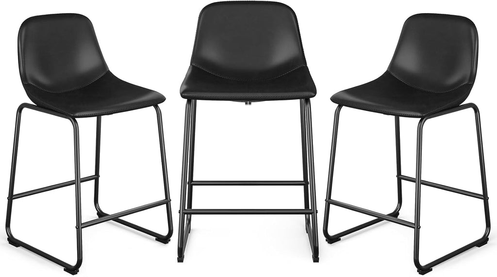 Rfiver Pu Faux Leather Bar Stools Set of 2, Industrial Pub Barstools with Back and Footrest, Modern Armless Bar Height Stool Chairs (Black, 24" Counter Chair x2) - Grand Goldman