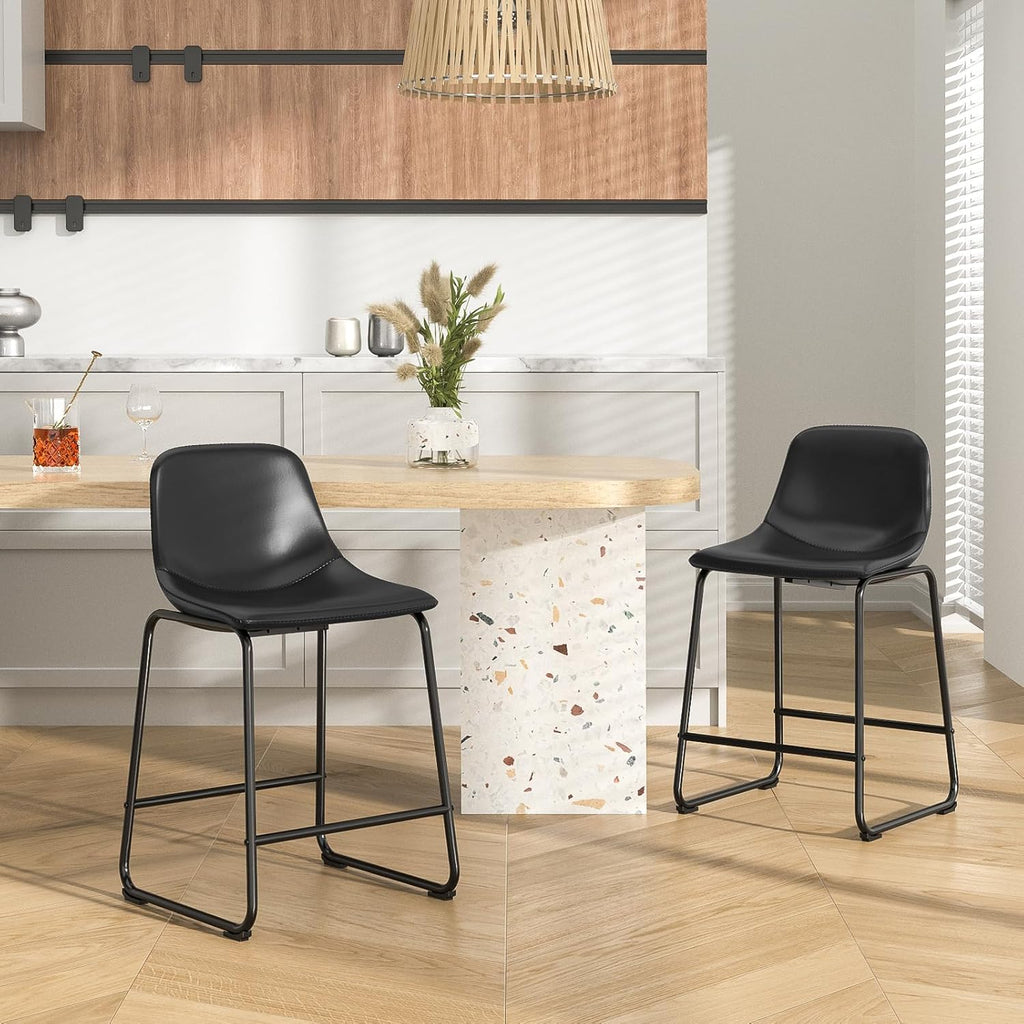 Rfiver Pu Faux Leather Bar Stools Set of 2, Industrial Pub Barstools with Back and Footrest, Modern Armless Bar Height Stool Chairs (Black, 24" Counter Chair x2) - Grand Goldman