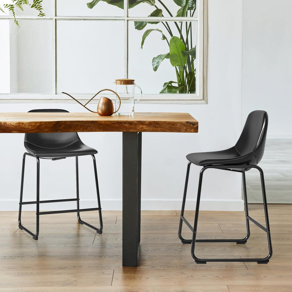 Rfiver Pu Faux Leather Bar Stools Set of 2, Industrial Pub Barstools with Back and Footrest, Modern Armless Bar Height Stool Chairs (Black, 24" Counter Chair x2) - Grand Goldman