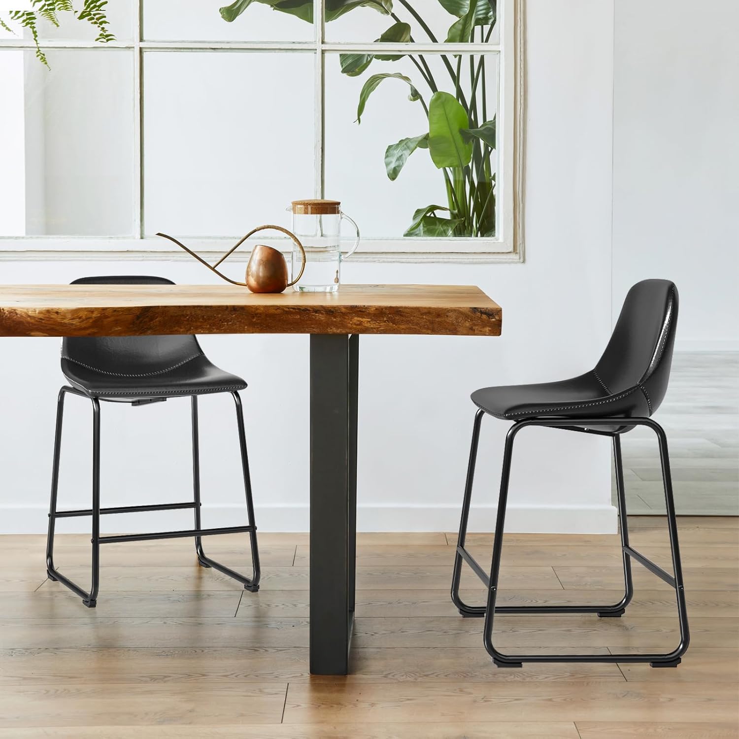 Rfiver Pu Faux Leather Bar Stools Set of 2, Industrial Pub Barstools with Back and Footrest, Modern Armless Bar Height Stool Chairs (Black, 24" Counter Chair x2) - Grand Goldman