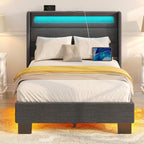 Rolanstar Bed Frame Twin Size with LED Lights and Charging Station, Upholstered Bed with Motion Activated Night Light and Wood Slats, Dark Grey - Grand Goldman