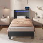 Rolanstar Bed Frame Twin Size with LED Lights and Charging Station, Upholstered Bed with Motion Activated Night Light and Wood Slats, Dark Grey - Grand Goldman