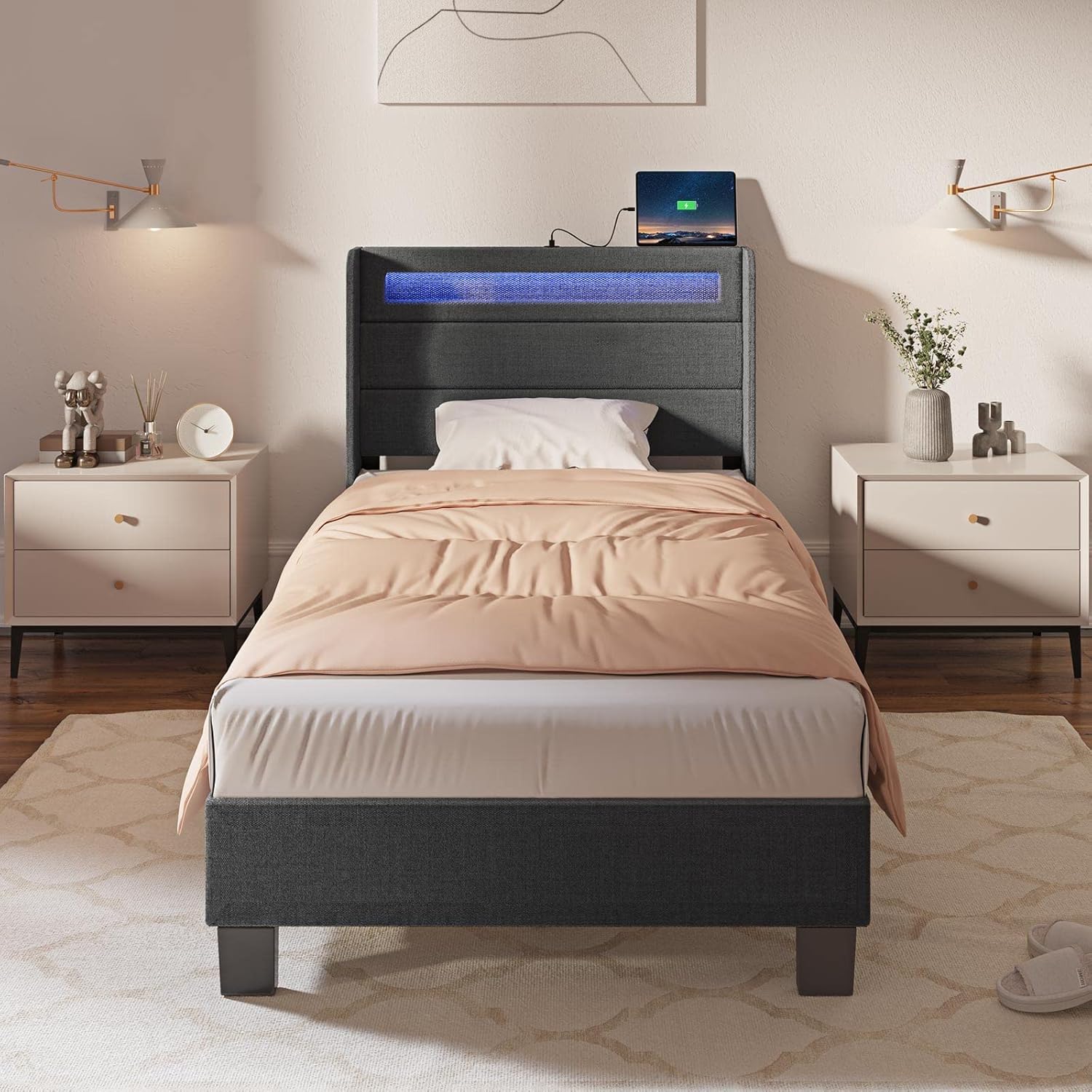 Rolanstar Bed Frame Twin Size with LED Lights and Charging Station, Upholstered Bed with Motion Activated Night Light and Wood Slats, Dark Grey - Grand Goldman