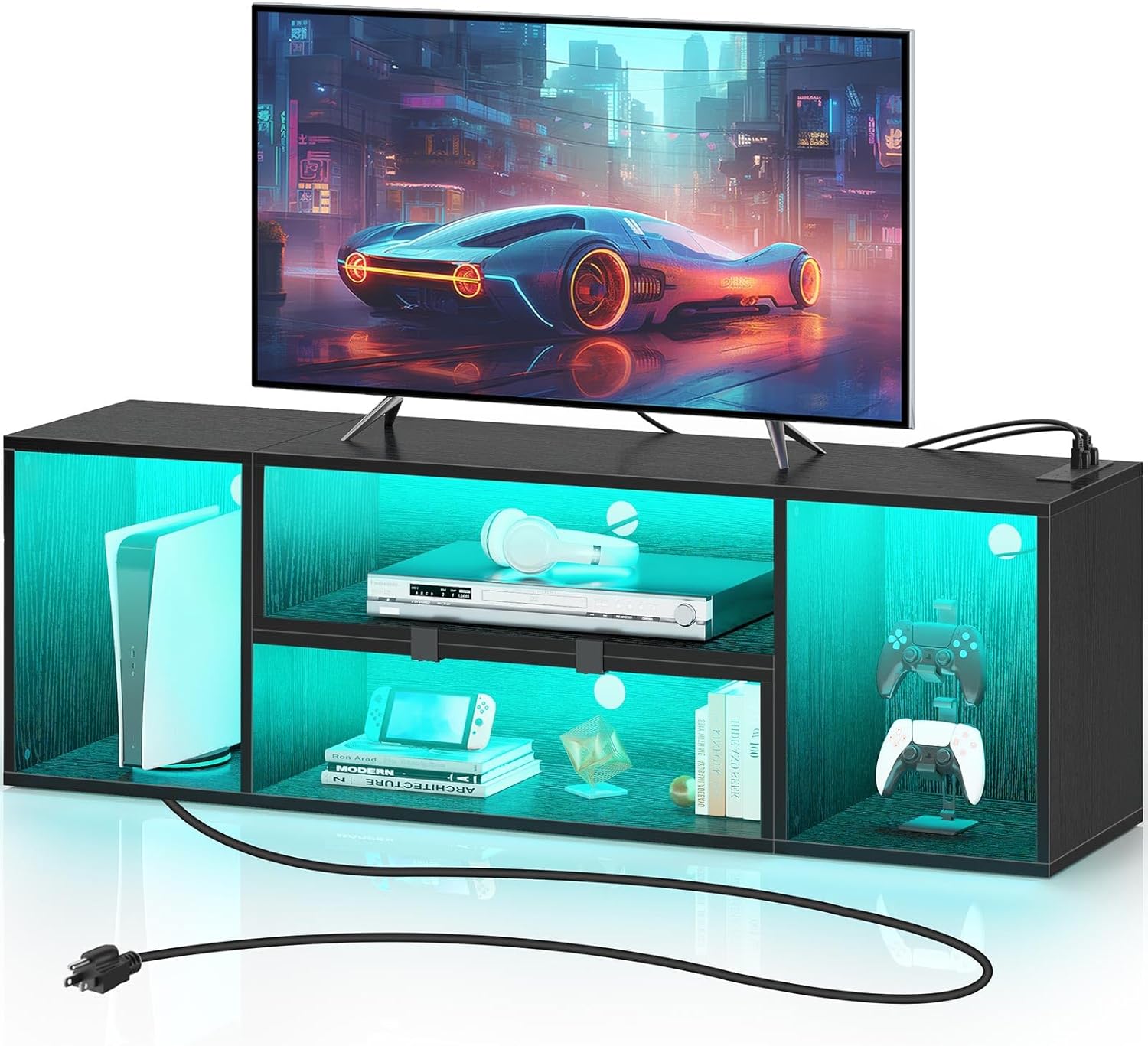 Rolanstar Deformable TV Stand with LED Strip & Power Outlets, Modern Entertainment Center for 45/50/55/60/65/70 inch TVs, Gaming Media 2 Pieces Console Cabinet, Black - Grand Goldman