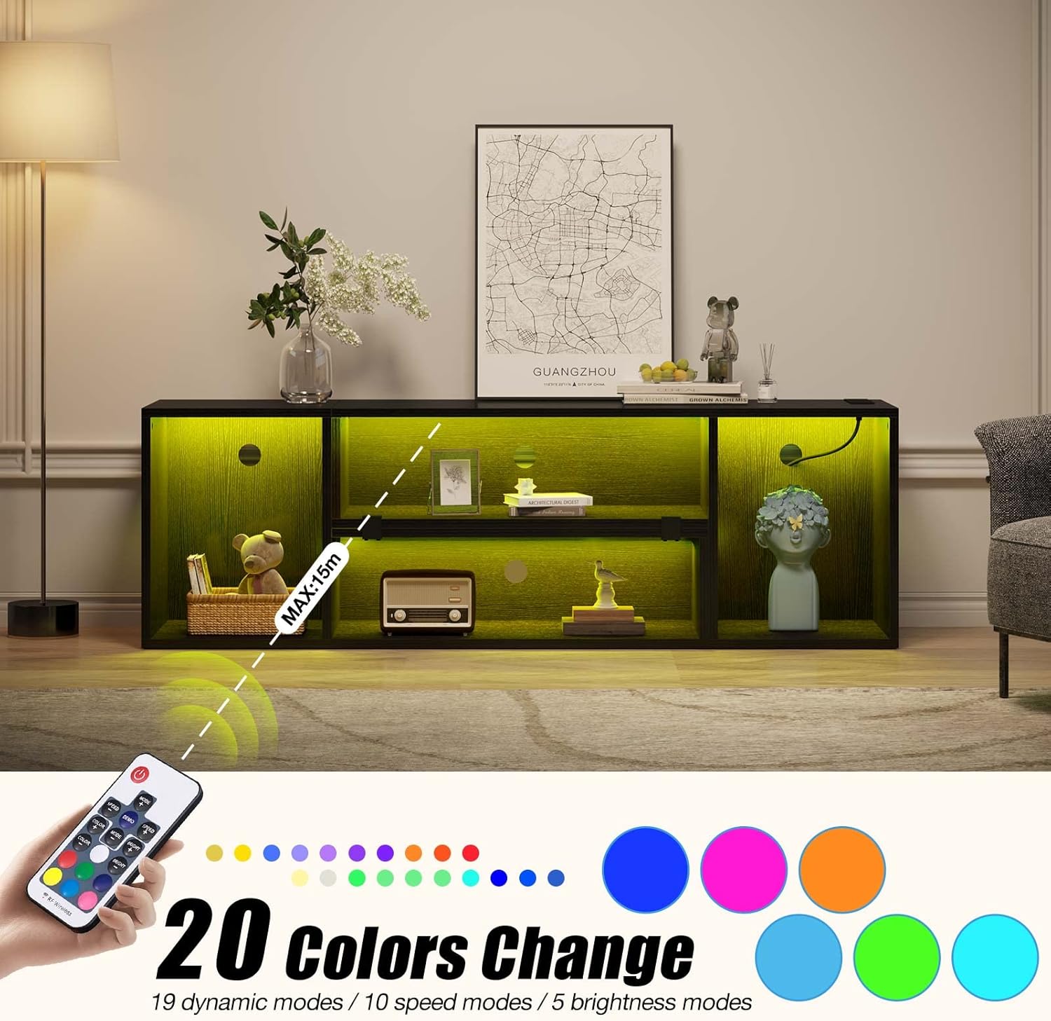 Rolanstar Deformable TV Stand with LED Strip & Power Outlets, Modern Entertainment Center for 45/50/55/60/65/70 inch TVs, Gaming Media 2 Pieces Console Cabinet, Black - Grand Goldman