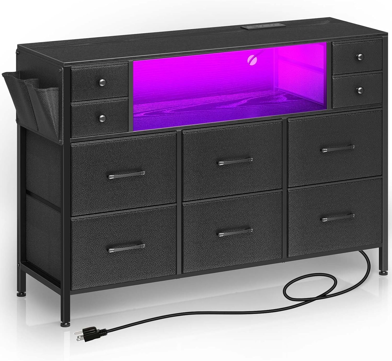 Rolanstar Dresser for Bedroom with LED Lights and Power Outlets, 55" TV Stand with 10 Drawers, Fabric Chest of Drawers with Side Pocket, PU Finish, Sturdy Frame & Wood Top, Black - Grand Goldman