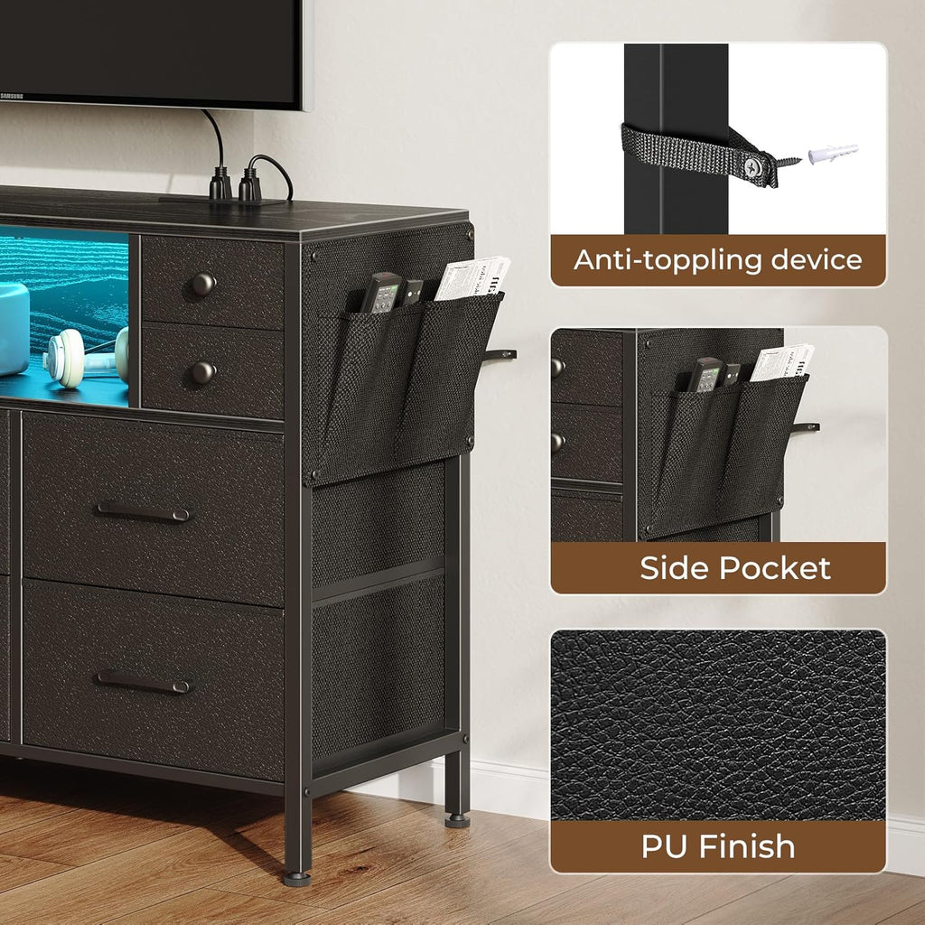 Rolanstar Dresser for Bedroom with LED Lights and Power Outlets, 55" TV Stand with 10 Drawers, Fabric Chest of Drawers with Side Pocket, PU Finish, Sturdy Frame & Wood Top, Black - Grand Goldman