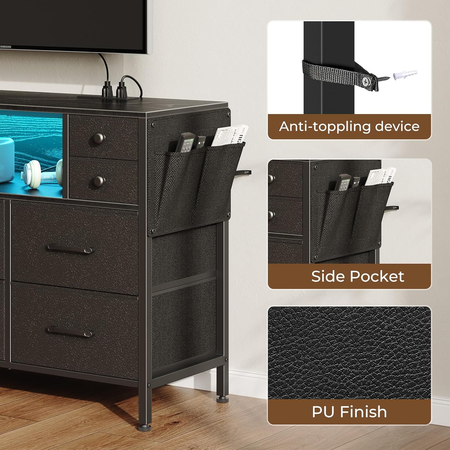 Rolanstar Dresser for Bedroom with LED Lights and Power Outlets, 55" TV Stand with 10 Drawers, Fabric Chest of Drawers with Side Pocket, PU Finish, Sturdy Frame & Wood Top, Black - Grand Goldman