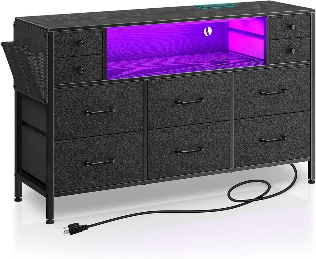 Rolanstar Dresser for Bedroom with LED Lights and Power Outlets, 55" TV Stand with 10 Drawers, Fabric Chest of Drawers with Side Pocket, PU Finish, Sturdy Frame & Wood Top, Black - Grand Goldman