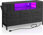 Rolanstar Dresser for Bedroom with LED Lights and Power Outlets, 55" TV Stand with 10 Drawers, Fabric Chest of Drawers with Side Pocket, PU Finish, Sturdy Frame & Wood Top, Black - Grand Goldman