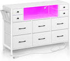 Rolanstar Dresser for Bedroom with LED Lights and Power Outlets, 55" TV Stand with 10 Drawers, Fabric Chest of Drawers with Side Pocket, PU Finish, Sturdy Frame & Wood Top, Black - Grand Goldman