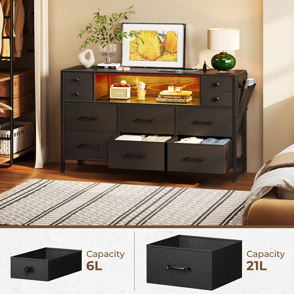 Rolanstar Dresser for Bedroom with LED Lights and Power Outlets, 55" TV Stand with 10 Drawers, Fabric Chest of Drawers with Side Pocket, PU Finish, Sturdy Frame & Wood Top, Black - Grand Goldman