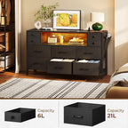 Rolanstar Dresser for Bedroom with LED Lights and Power Outlets, 55" TV Stand with 10 Drawers, Fabric Chest of Drawers with Side Pocket, PU Finish, Sturdy Frame & Wood Top, Black - Grand Goldman