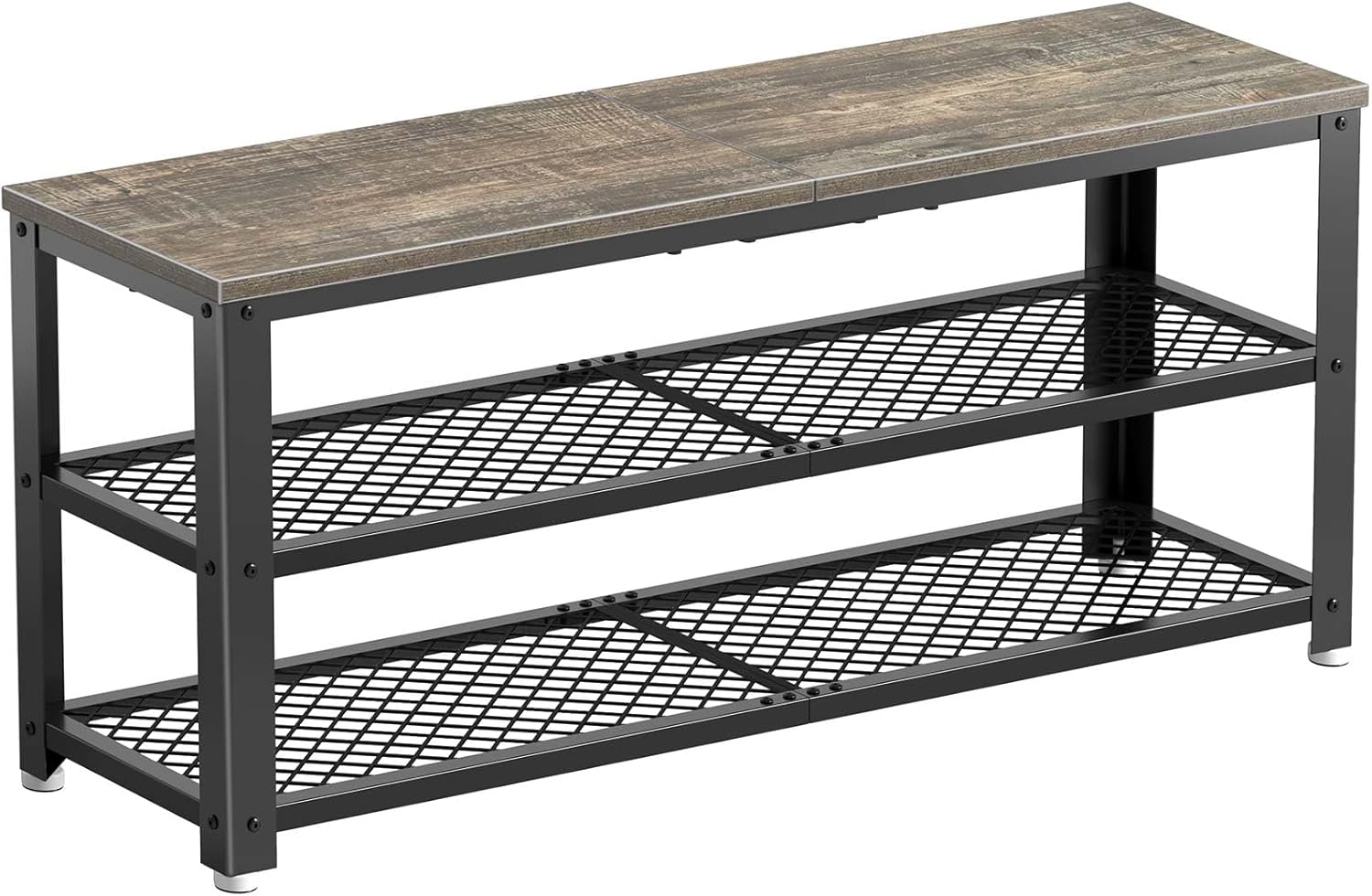 Rolanstar Shoe Bench, 3-Tier Shoe Rack, 39.4” Storage Entry Bench with Mesh Shelves Wood Seat, Rustic Foyer Bench for Hallway Front Door, Doorway, Living Room, Mudroom, Steel Frame, Rustic Brown - Grand Goldman