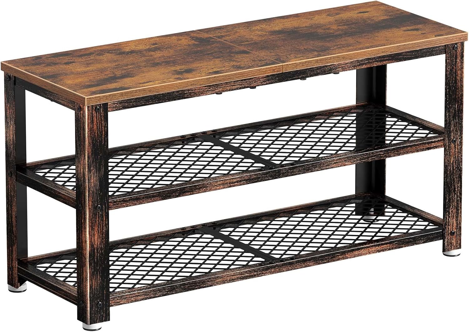 Rolanstar Shoe Bench, 3-Tier Shoe Rack, 39.4” Storage Entry Bench with Mesh Shelves Wood Seat, Rustic Foyer Bench for Hallway Front Door, Doorway, Living Room, Mudroom, Steel Frame, Rustic Brown - Grand Goldman