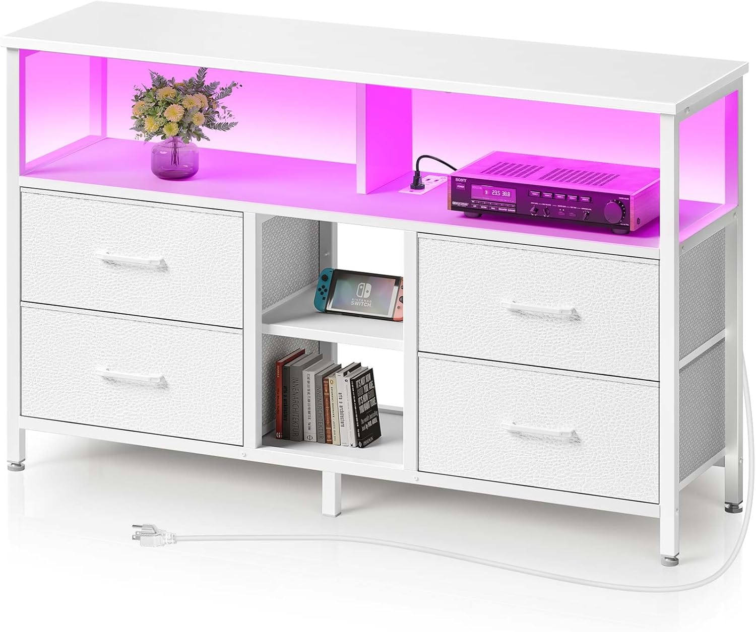 Rolanstar TV Stand with Power Outlets and LED Light, 4 Fabric Drawers Entertainment Center for 32/45/55 inch TVs, Media Console with Storage for Living Room or Bedroom, Black - Grand Goldman