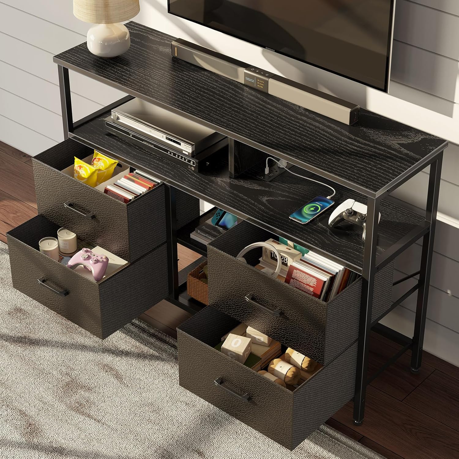 Rolanstar TV Stand with Power Outlets and LED Light, 4 Fabric Drawers Entertainment Center for 32/45/55 inch TVs, Media Console with Storage for Living Room or Bedroom, Black - Grand Goldman