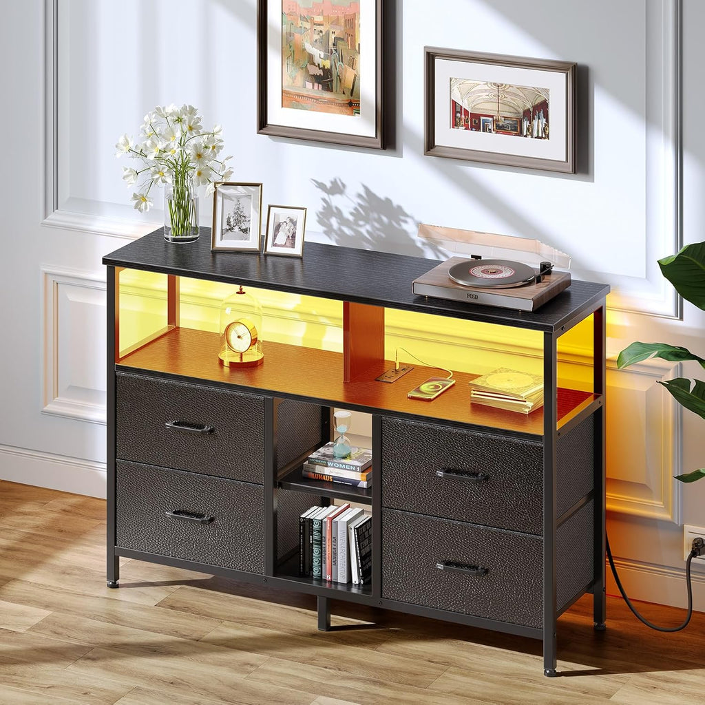 Rolanstar TV Stand with Power Outlets and LED Light, 4 Fabric Drawers Entertainment Center for 32/45/55 inch TVs, Media Console with Storage for Living Room or Bedroom, Black - Grand Goldman