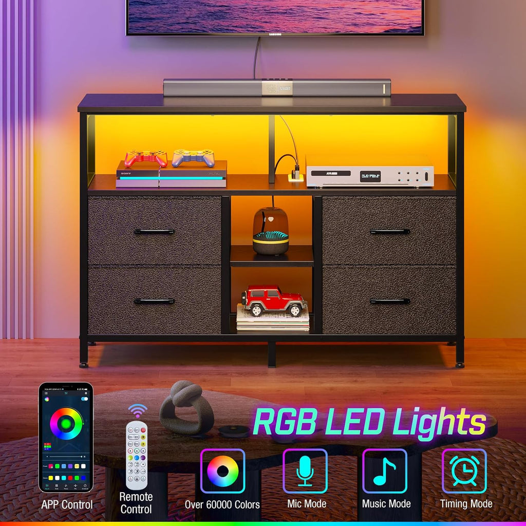 Rolanstar TV Stand with Power Outlets and LED Light, 4 Fabric Drawers Entertainment Center for 32/45/55 inch TVs, Media Console with Storage for Living Room or Bedroom, Black - Grand Goldman