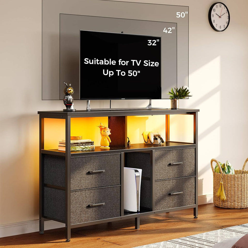 Rolanstar TV Stand with Power Outlets and LED Light, 4 Fabric Drawers Entertainment Center for 32/45/55 inch TVs, Media Console with Storage for Living Room or Bedroom, Black - Grand Goldman