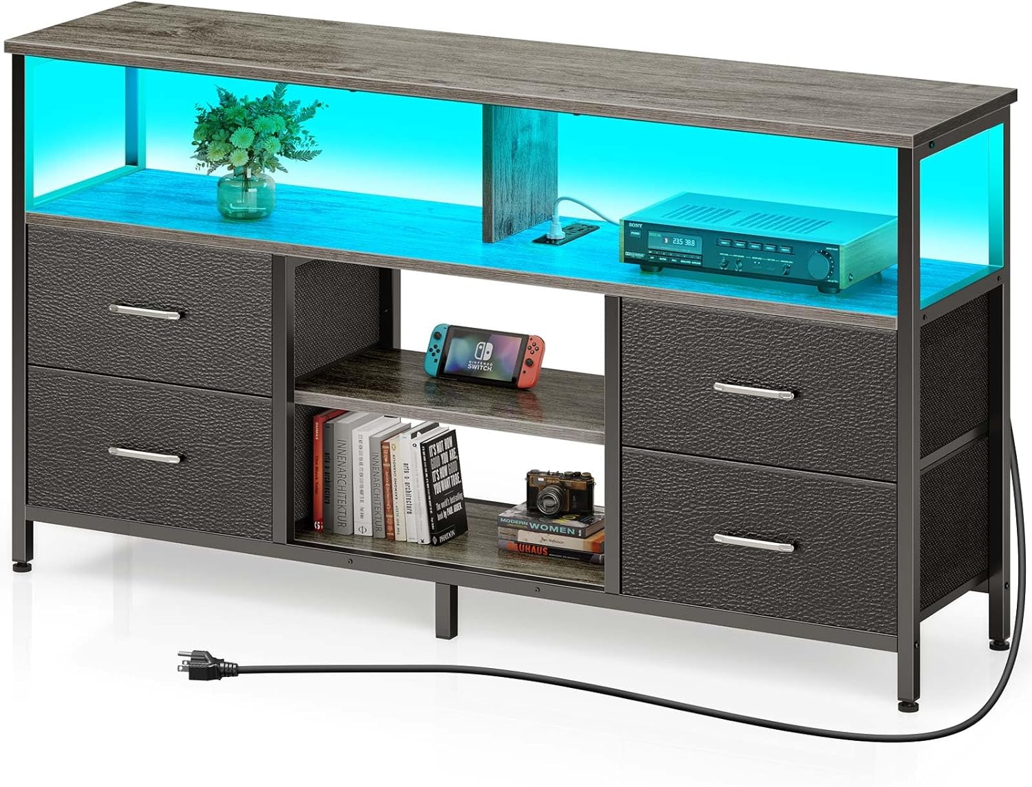 Rolanstar TV Stand with Power Outlets and LED Light, 4 Fabric Drawers Entertainment Center for 32/45/55 inch TVs, Media Console with Storage for Living Room or Bedroom, Black - Grand Goldman