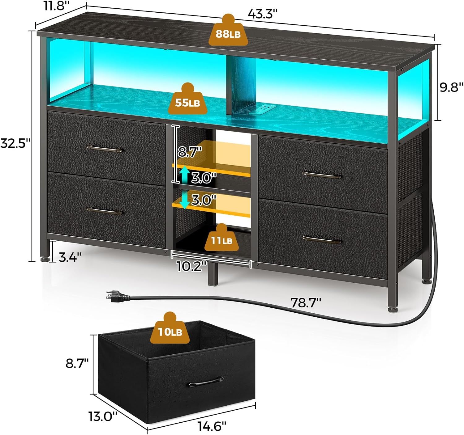 Rolanstar TV Stand with Power Outlets and LED Light, 4 Fabric Drawers Entertainment Center for 32/45/55 inch TVs, Media Console with Storage for Living Room or Bedroom, Black - Grand Goldman