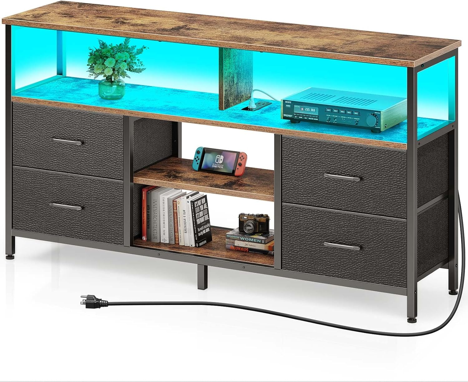 Rolanstar TV Stand with Power Outlets and LED Light, 4 Fabric Drawers Entertainment Center for 32/45/55 inch TVs, Media Console with Storage for Living Room or Bedroom, Black - Grand Goldman