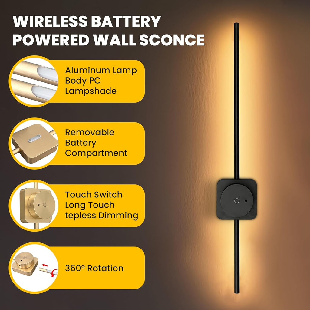 Rose Gold - Rechargeable Wall Sconces Set of 2 | 24.4" Length | Wireless Battery Scone with Remote Control - Removable Magnetic Battery - Dimmable Ambient Light - Battery Operated Lights for Wall - Grand Goldman