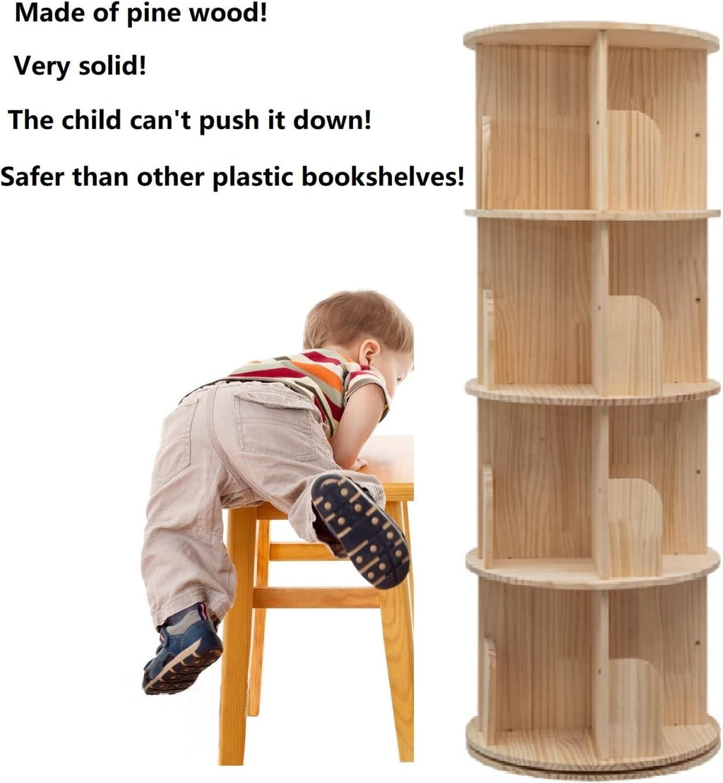 Rotating Bookshelf 360 Display 4 Tier Floor Standing Bookcase Storage Rack for Kids&Adults Solid Wood Bookshelf Organizer - Grand Goldman