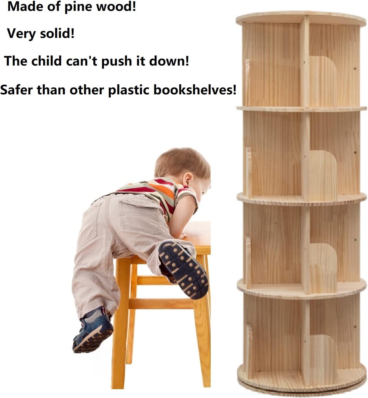 Rotating Bookshelf 360 Display 4 Tier Floor Standing Bookcase Storage Rack for Kids&Adults Solid Wood Bookshelf Organizer - Grand Goldman
