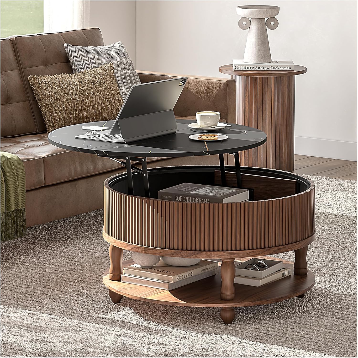 couchtisch rund aufbewahrung Runder Couchtisch mit Stauraum, Mid-Century Modern Couchtisch mit Schi – Grand Goldman